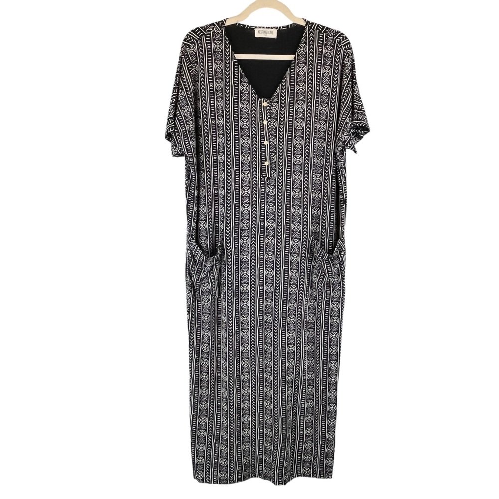 Nesting Olive Maternity House Dress Tribal Pattern Black Off-white Comfy S/M